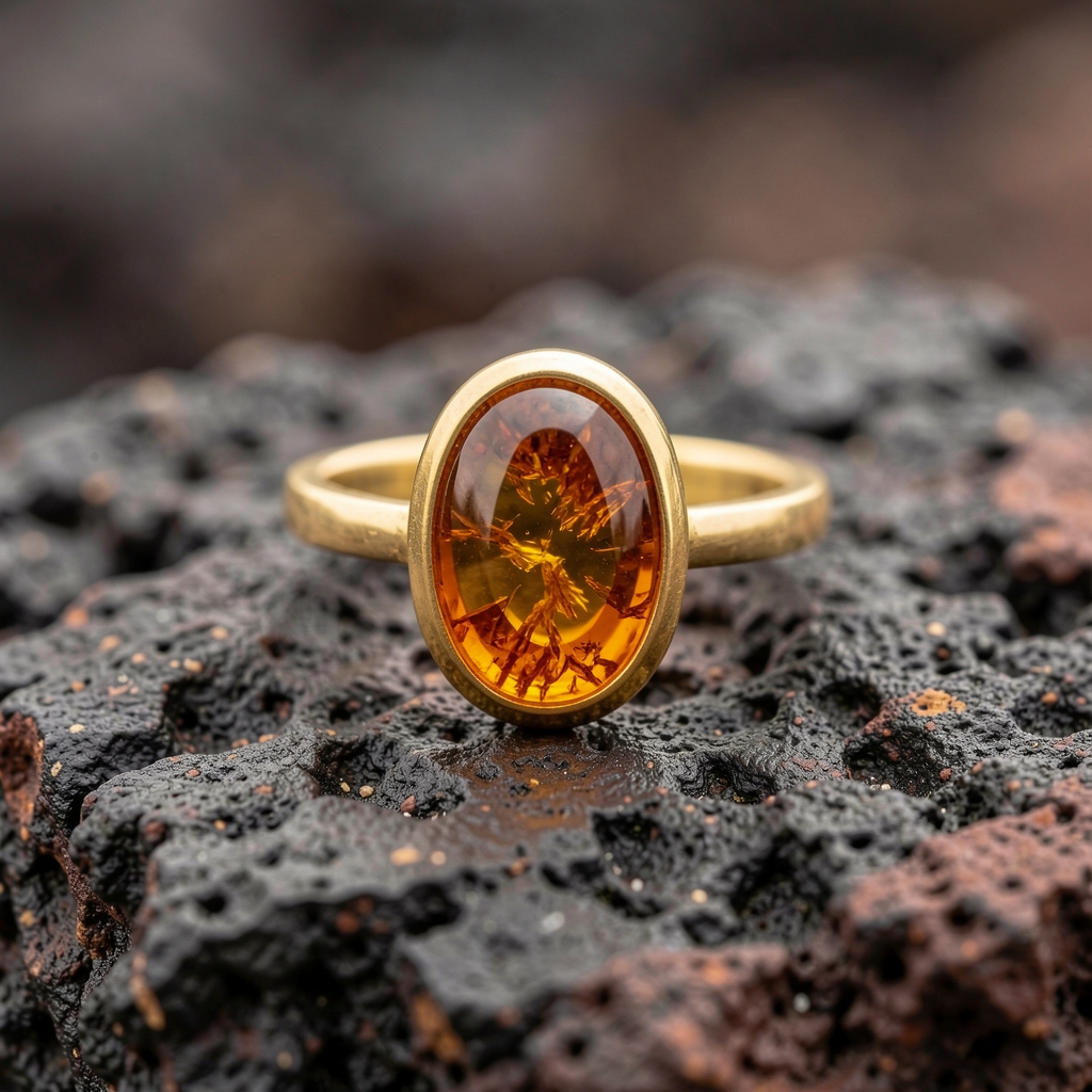 Anillo artesanal dorado con piedra ámbar pulida sobre roca volcánica