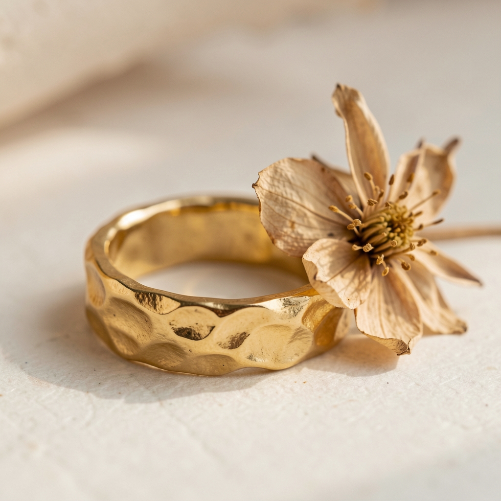 Anillo de textura irregular en metal dorado junto a una flor seca