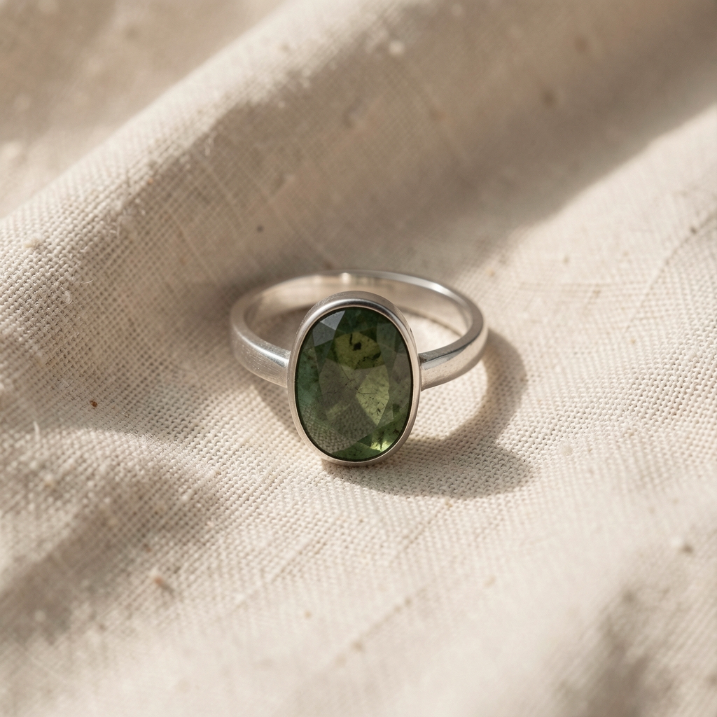 Anillo de plata con piedra verde oliva sobre lino arrugado claro