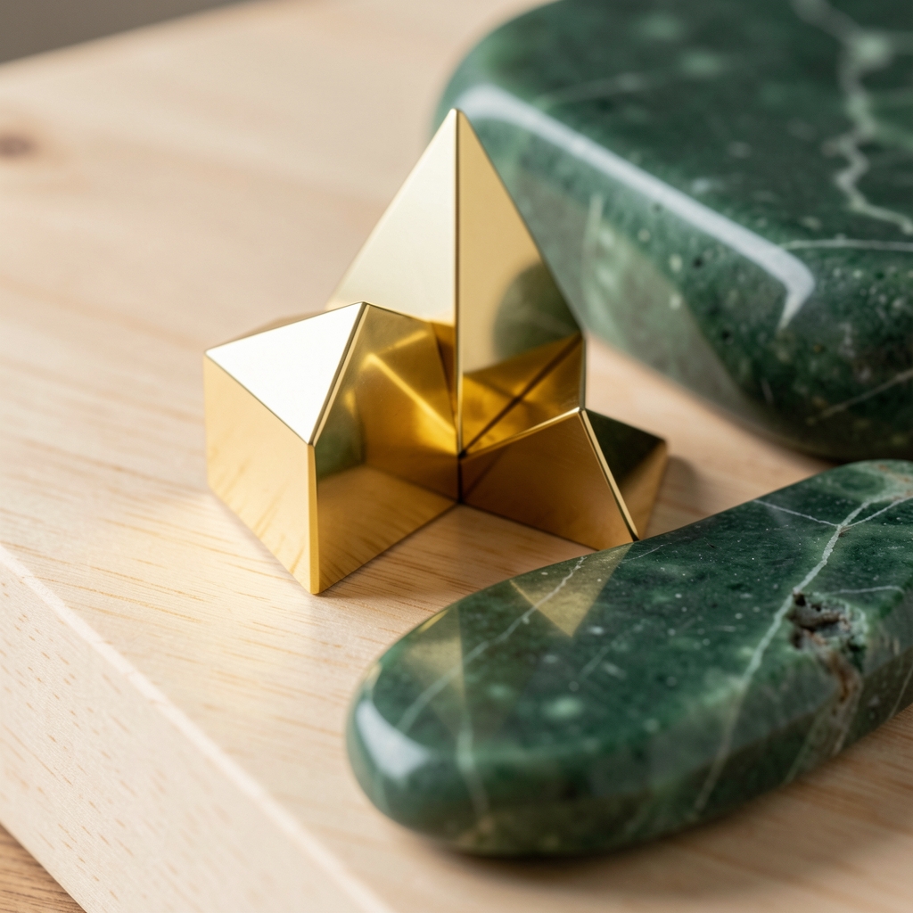 Aretes geométricos dorados sobre madera clara y piedra verde pulida