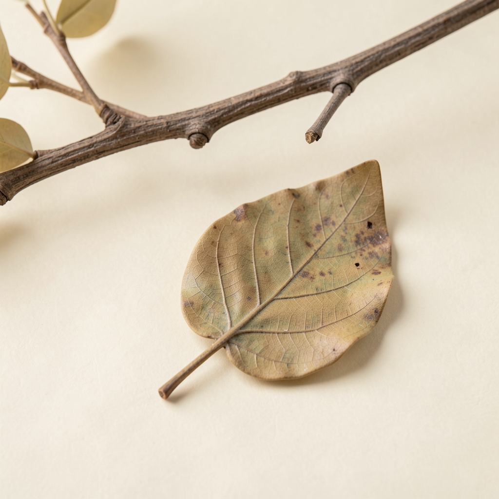 Aretes artesanales con forma de hoja junto a una rama seca sobre fondo marfil