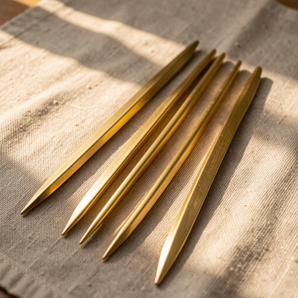 Aretes largos de metal dorado sobre lino texturado con luz cálida natural