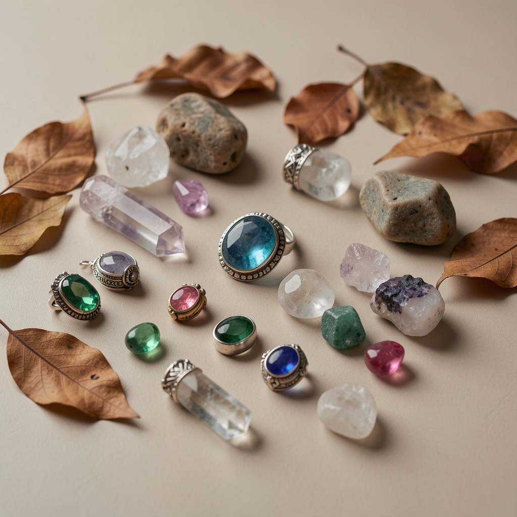 Composición de joyas artesanales variadas con cuarzos y hojas secas en fondo neutro