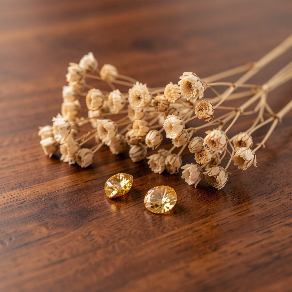 Aretes dorados pequeños junto a flores secas sobre madera pulida