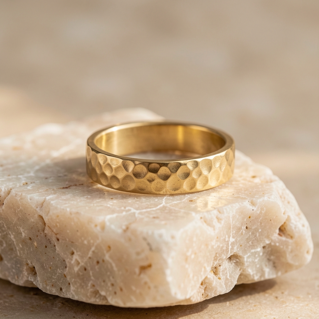 Anillo dorado artesanal con textura martillada sobre piedra clara