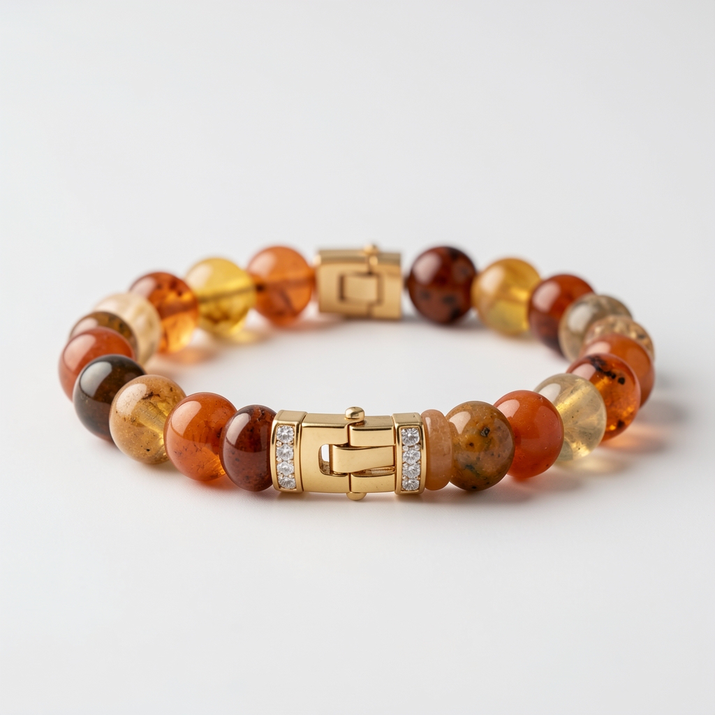 Pulsera de piedras semipreciosas cálidas con cierre metálico dorado