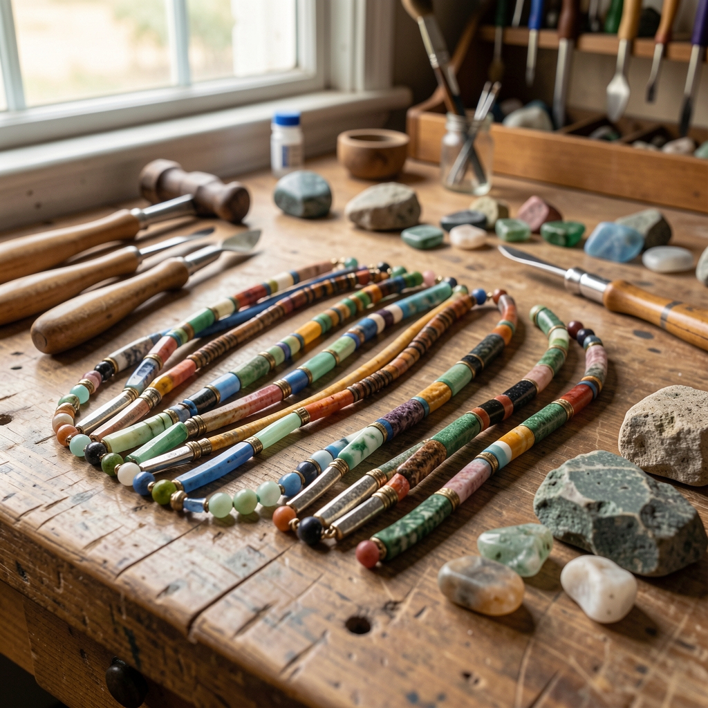 Collares artesanales extendidos sobre una mesa de trabajo con herramientas y piedras naturales