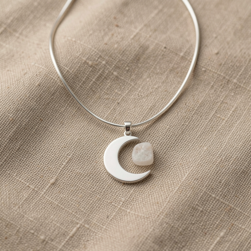 Collar fino de plata con medallón lunar sobre lino beige y piedra blanca