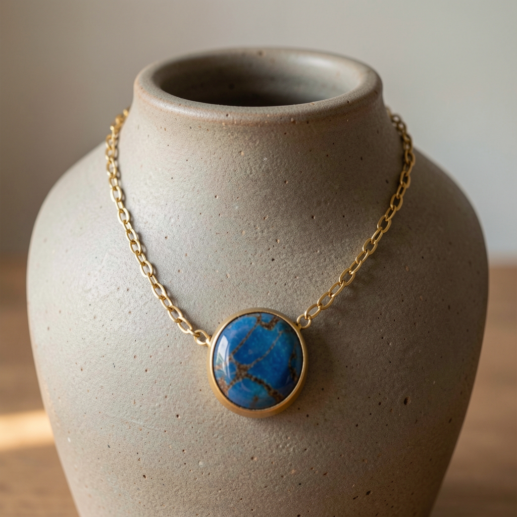 Collar artesanal con piedra azul y cadena dorada sobre cerámica mate