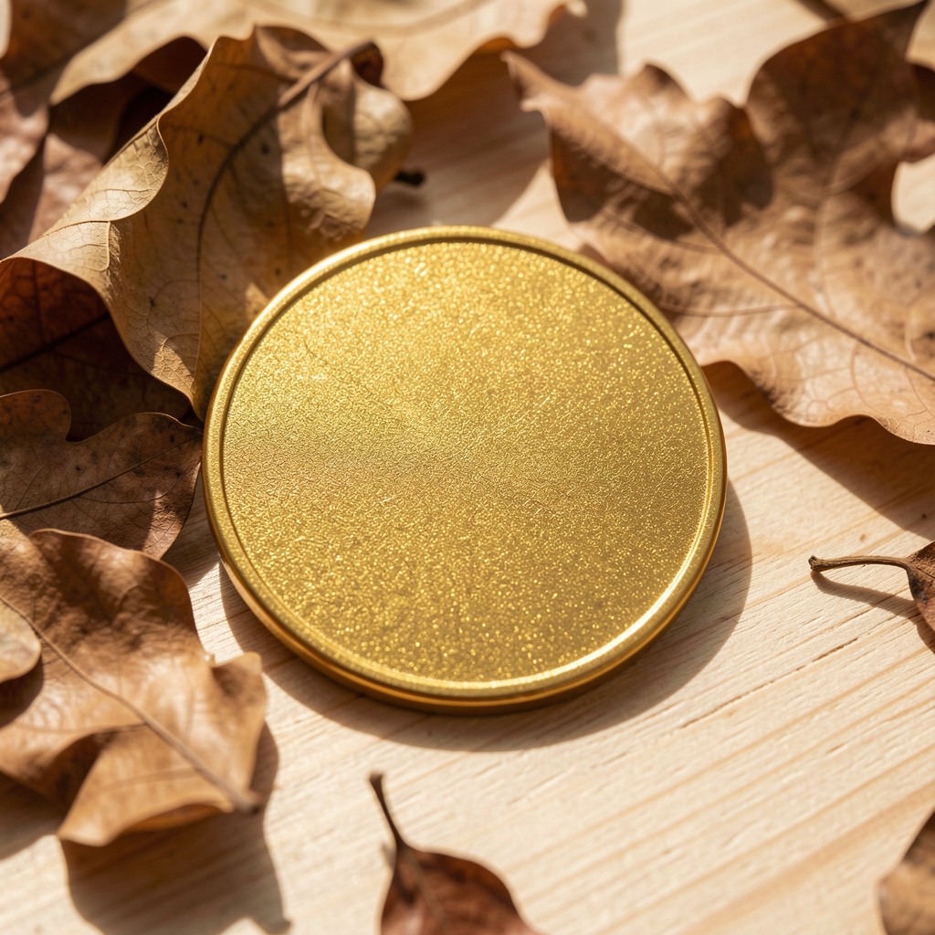 Dije circular dorado con relieve solar junto a hojas secas y madera clara