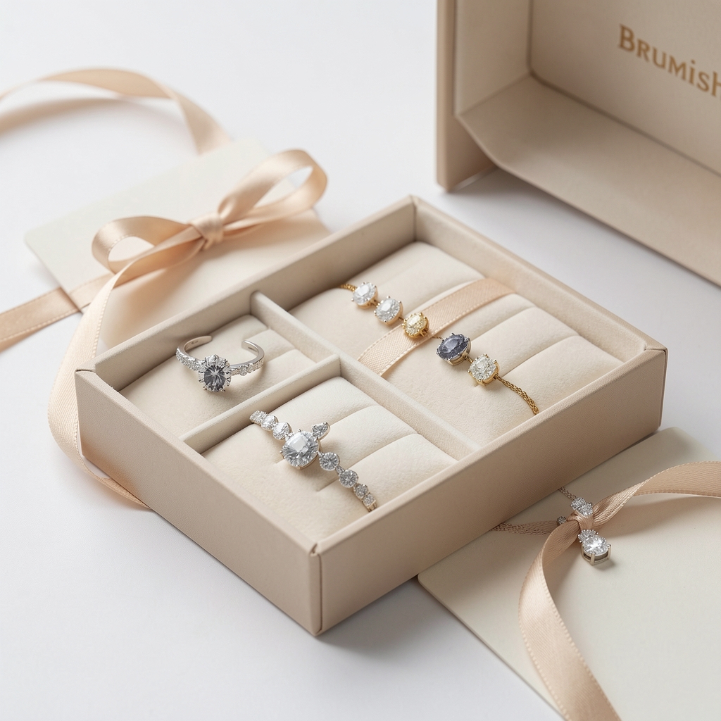 Detalle de joyas Brumish empaquetadas cuidadosamente junto a tarjeta y cinta natural