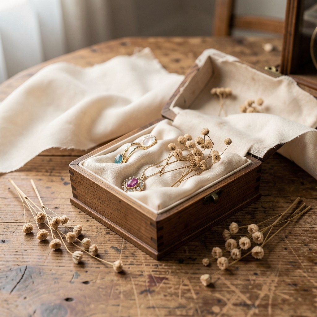 Caja de joyería artesanal Brumish con papel de seda y flores secas sobre mostrador de madera