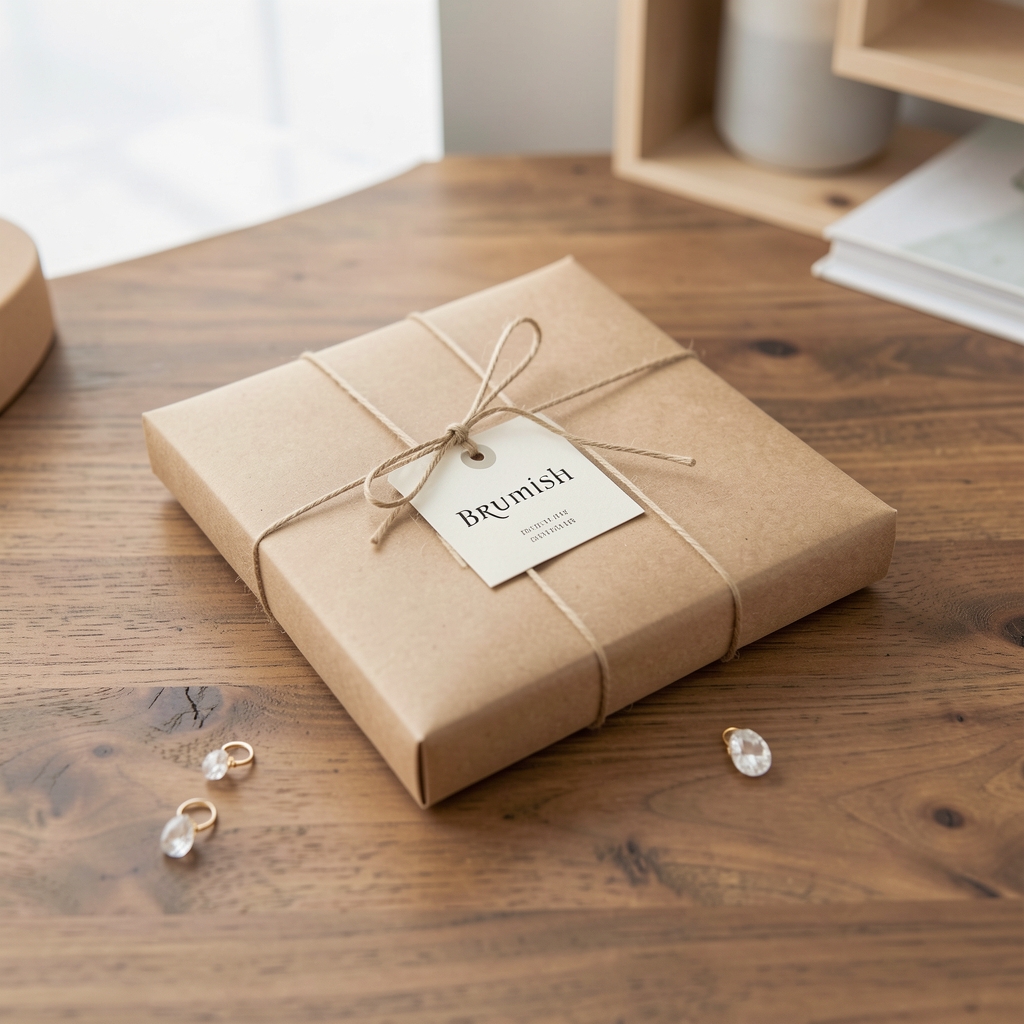 Paquete de joyería Brumish protegido con papel kraft y etiqueta sobre mesa de madera