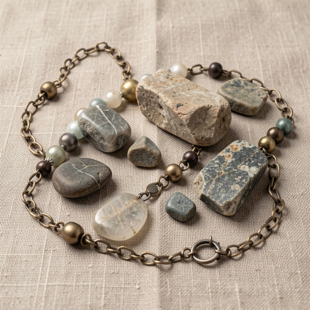 Piedras naturales, cadenas y metales artesanales organizados sobre tela de lino neutra