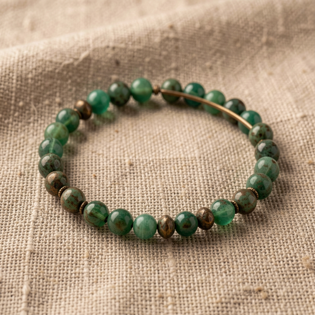 Pulsera delicada de cuentas verdes y metal envejecido sobre lino crudo