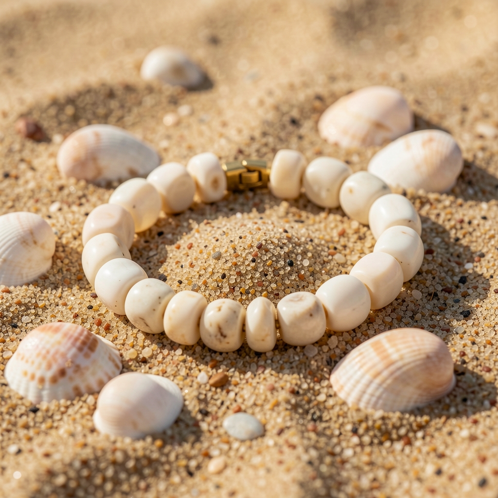 Pulsera de piedras marfil con cierre dorado junto a arena fina y conchas naturales
