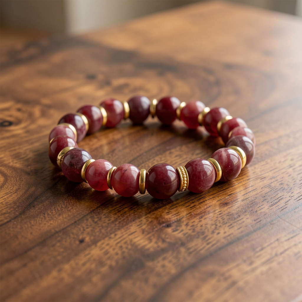 Pulsera de jaspe rojizo y cuentas doradas sobre madera de nogal pulida